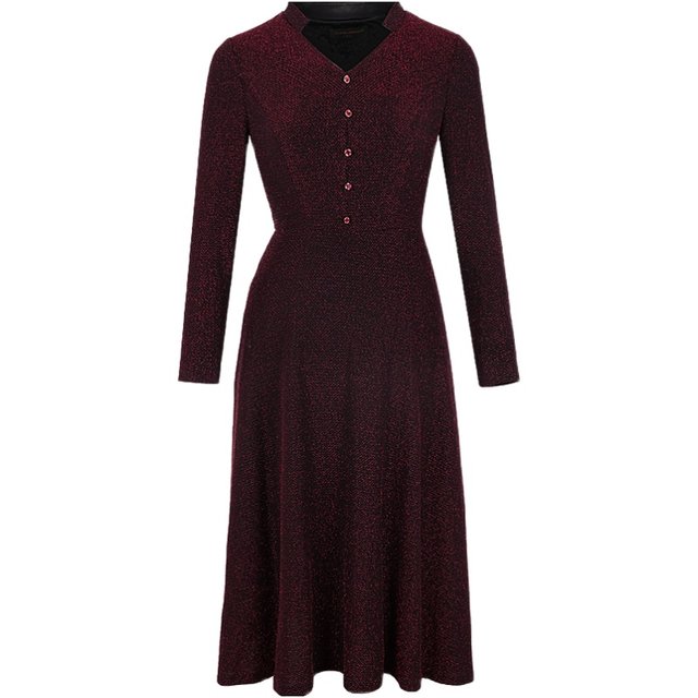 2025 spring new women's v-neck long-sleeved bright silk knitted dress burgundy long skirt spring and autumn women's long style 2025 spring new women's v-neck long-sleeved bright silk knitted dress burgundy long skirt spring and autumn women's long style