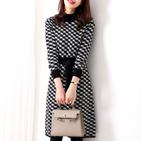 Khí chất cổ điển nữ Houndstooth len đan váy nữ mùa đông mới dày đáy váy trong váy dài váy chữ a dài