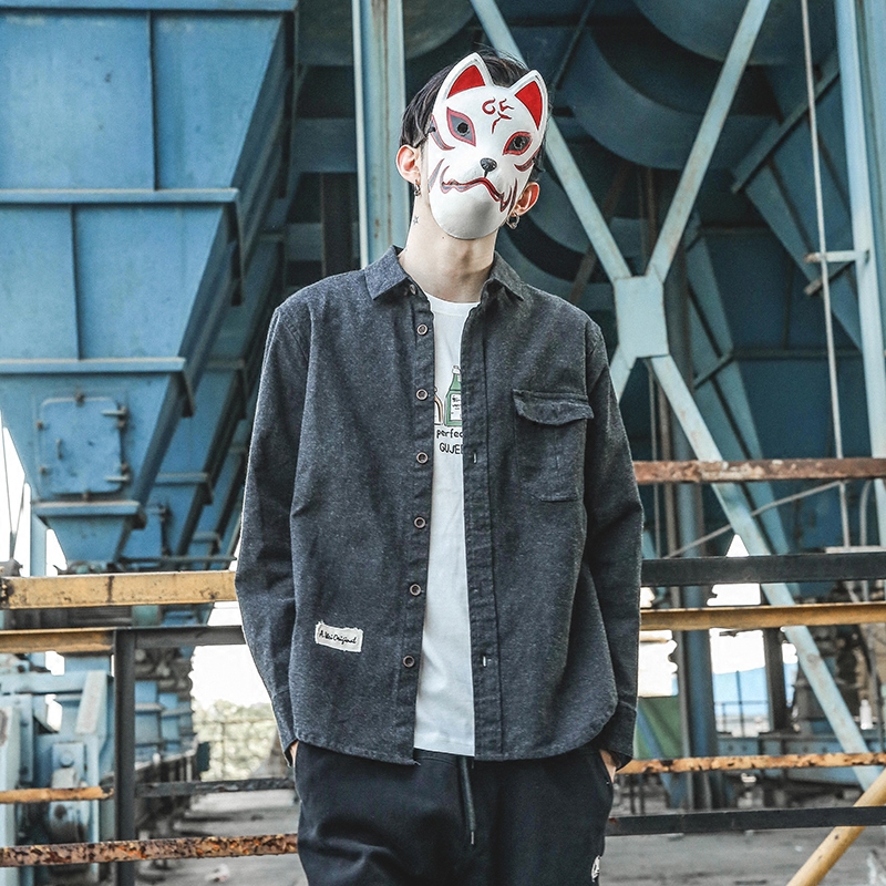 日系原创秋装青少年纯色做旧复古长袖衬衫男潮翻领纽扣开衫衬衣男