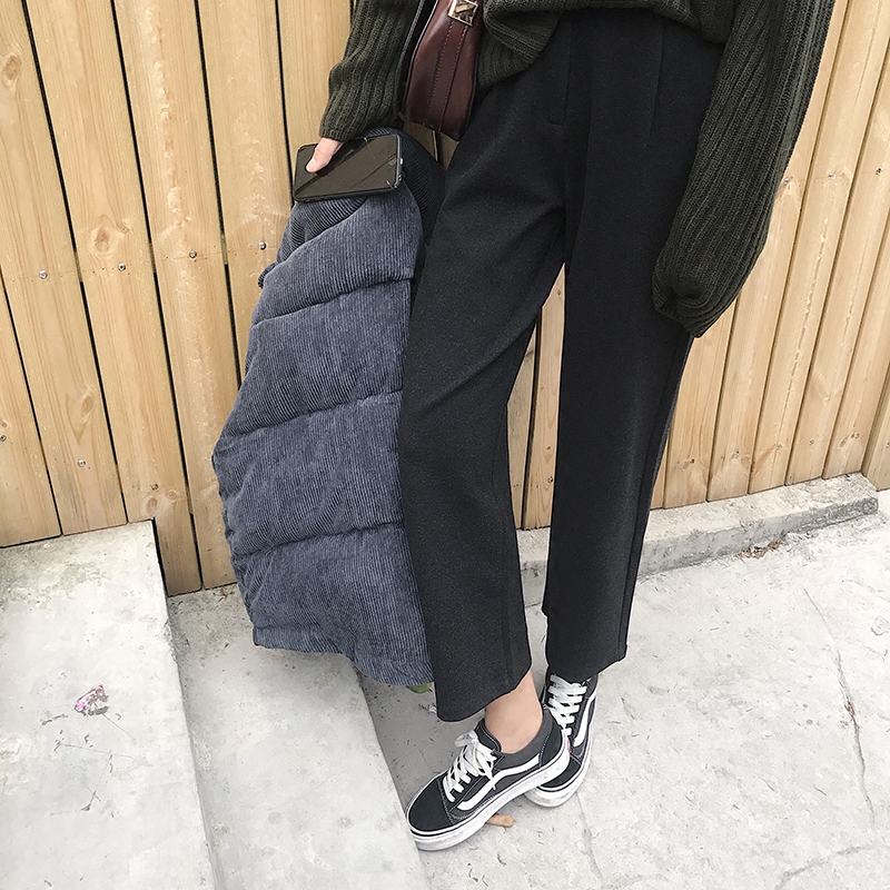 EKOO腰带立体装饰毛呢阔腿裤女九分裤韩版冬季宽松显瘦休闲直筒裤