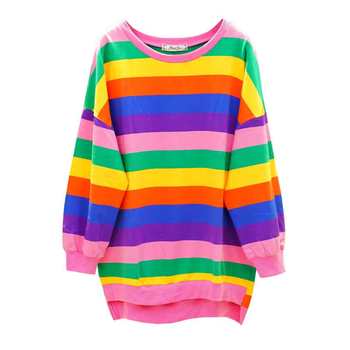 Rainbow striped sweatshirt for women Korean style loose mid-length long-sleeved T-shirt students colorful large size t-shirt fat m bat shirt