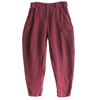 Queen stone ວັດຖຸບູຮານຜ້າຕົ້ນສະບັບ burgundy retro ຝ້າຍແລະ linen ຂາກ້ວາງຂອງແມ່ຍິງ trousers ຫນັກ texture ກາງເກງແບບປົກກະຕິ pants ພາກຮຽນ spring