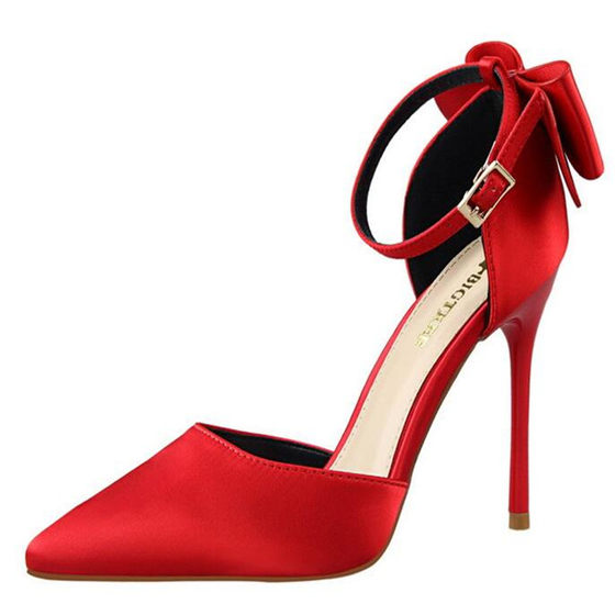 BIGTREE Spring satin bow women's single shoes fine heel pointed high heels with sandals red wedding shoes