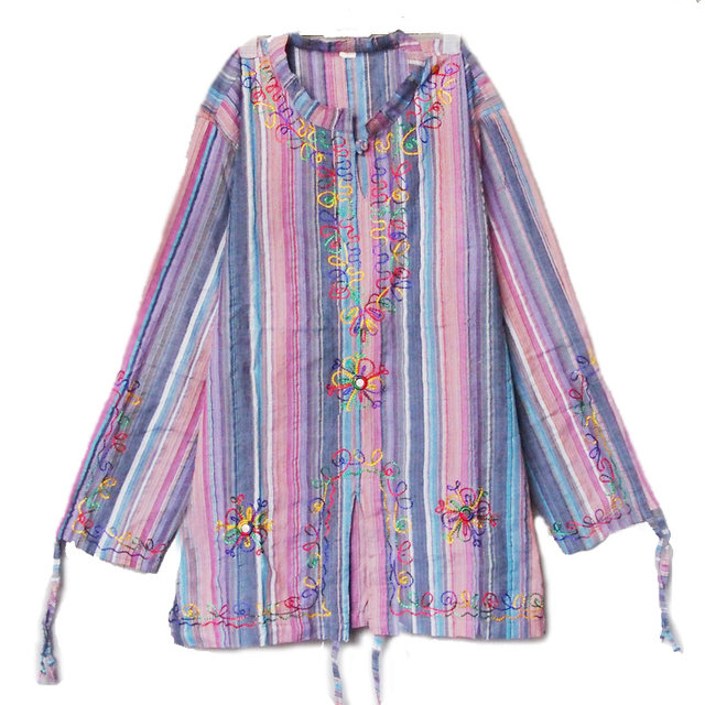 Nepalese stand collar embroidered drawstring cotton and linen fat shirt