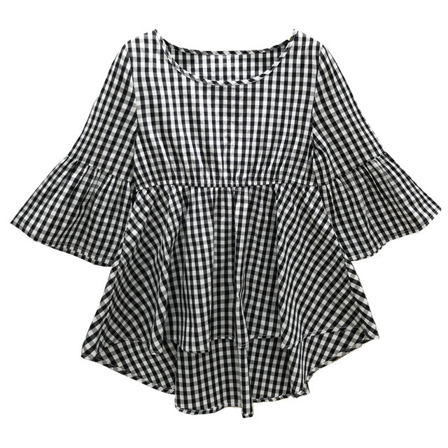 Black and white cropped plaid shirt with short front and long back