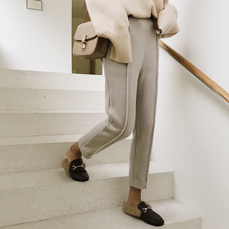 EKOL秋冬毛呢裤宽松韩版锥形休闲西装裤烟管裤哈伦裤女小脚长裤子