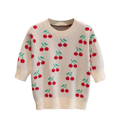 24 ພາກຮຽນ spring and autumn mid-sleeve sweater jacquard cherry half-sleeved bottoming shirt college style five-quarter sleeve round neck pullover sweet women