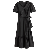 Single-bunch large size Xinjiang long-staple cotton wrap-style V-neck dress for fat mm women commuting style waist slimming tea break dress