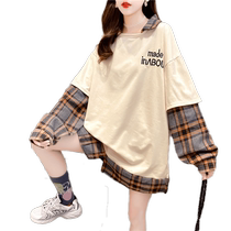 Plus size womens clothing 2022 new autumn clothing womens sweatshirts fashionable ins trendy fake two-piece polo collar long-sleeved tops