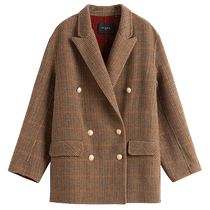 Single-bunch large size womens retro double-breasted plaid double-sided woolen coat 2021 winter new woolen suit jacket