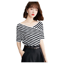 Short-sleeved striped t-shirt for women summer 2024 new trendy design niche fashion foreign style slim slim V-neck top