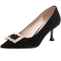 Qianbaidu autumn high heels feminine rhinestone square buckle black stiletto wedding shoes fashionable comfortable and simple shoes