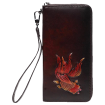 Fashion womens purse 2023 new leather carved genuine leather long style zipper money clip hand carrying with hanging rope Temperament Leather Clip