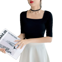 Black Square Neck T-shirt Womens 2024 Early Autumn New Korean Style Atmosphere Wear Collarbone Exposed Bottoming Shirt Top