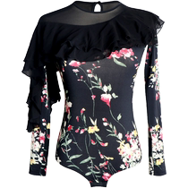 Danbaoluo Latin dance clothing oblique shoulder lotus leaf long-sleeved dance floral dance clothing national standard Latin dance top dance clothing