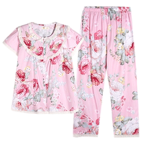 Woven cotton pajamas for women summer pure cotton short-sleeved trousers home clothes summer thin mom cardigan set