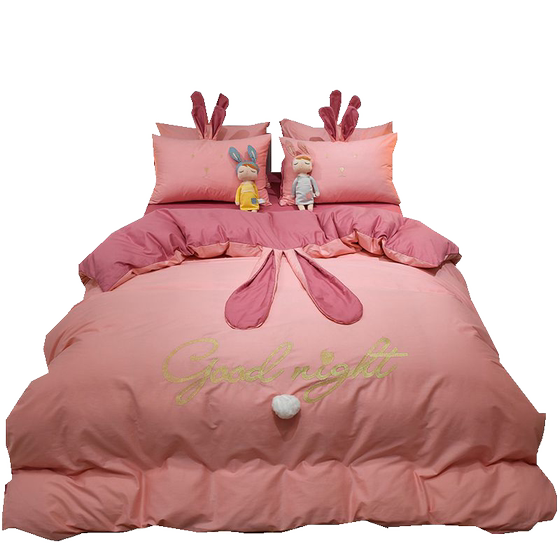 Children's cute pure cotton four -piece all -cotton princess style girl heart bed sheet is set of spring and autumn three -piece bed supplies