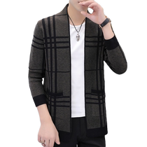 Cardigan mens sweater jacket mens autumn sweater outer wear shawl sweater casual plaid trend slim Korean version
