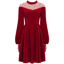 DPLAY Depala autumn and winter new burgundy Christmas dress skirt mesh stitching ins velvet womens dress