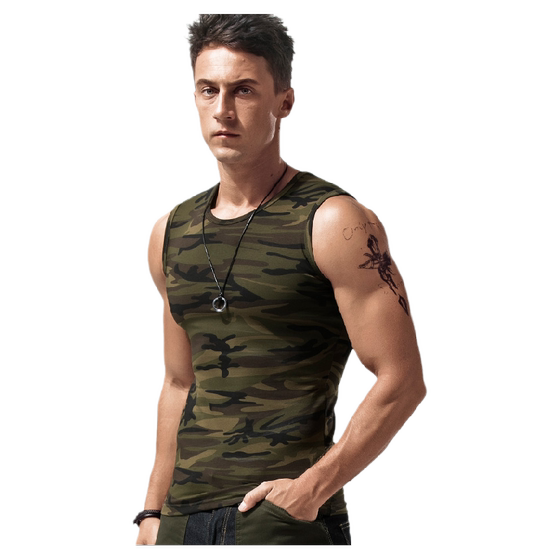 Camouflage vest male pure cotton elastic slim skirt sweatshirt men wide shoulder fitness shoulder shoulder shoulder -shaped sleeveless T -shirts
