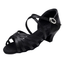Jingyou childrens professional Latin dance shoes black girls soft bottom flat medium low heel dance shoes sandals for beginners