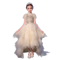 Girls high-end evening dress birthday princess dress childrens catwalk flower girl wedding little girls piano performance dress with tail