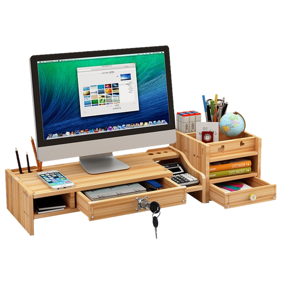 Computer monitor heightening base desktop keyboard arrangement