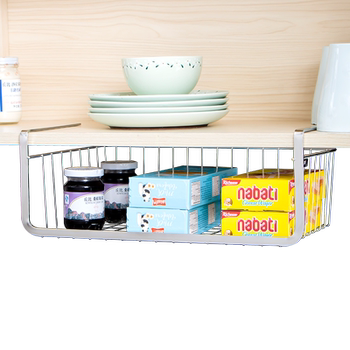 Hole-free under-cabinet hanging storage rack for kitchen supplies