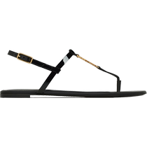 YSL Yves Saint Laurent womens CASSANDRA gold letter logo patent leather flat sandals