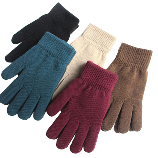 秋冬季男女士骑车开车加绒加厚全指气质针织毛线纯色保暖魔术手套