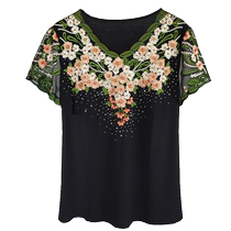 Yipinu 2024 summer middle-aged and elderly womens thin cotton embroidered T-shirts plus size fat version fat mother short-sleeved clothing