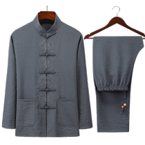 Summer cotton and linen Tang suit for middle-aged and elderly men long-sleeved suit Chinese style linen embroidery layman suit Hanfu suit for men and dad