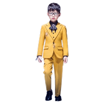 Boys suit three-piece suit 2024 new yellow childrens dress hand-embroidered catwalk suit performance clothing