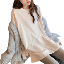 Internet celebrity trendy mom autumn and winter new white long-sleeved T-shirt womens mid-length maternity wear loose slit bottoming shirt top T