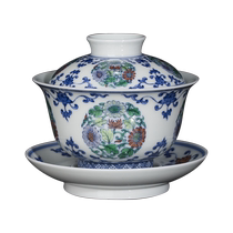 Zhongjiayao covered bowl Jingdezhen blue and white doucai wood kiln tea brewing Sancai covered bowl fully handmade tea set large chrysanthemum pattern