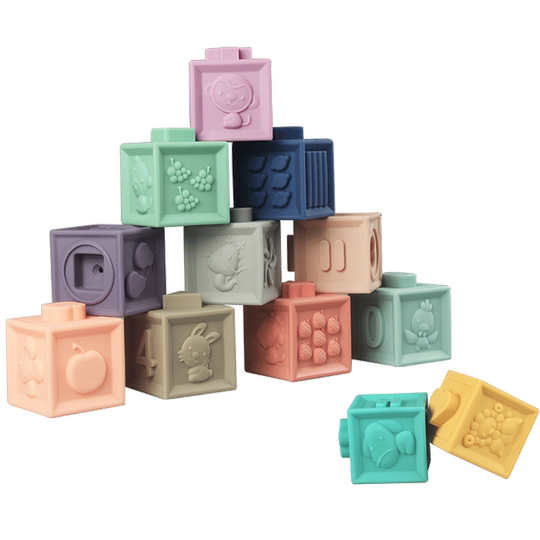 婴儿软胶积木宝宝6个月1岁儿童早教玩具浮雕硅胶可啃咬牙胶叠叠乐