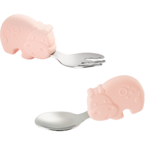 Baby learning to eat training spoon baby tableware food supplement stainless steel small silicone short handle fork fork set