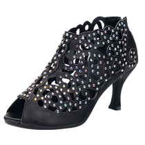 Latin dance shoes for women adult mid-high heels diamond-encrusted high-top black ballroom dance shoes fashionable womens shoes soft soles for all seasons