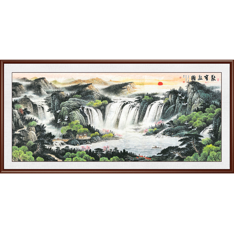 客厅沙发背景墙挂画聚宝盆山水画鸿运当头靠山壁画办公室装饰墙画