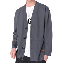 Waffle jacket mens spring and autumn new fashion brand single-breasted V-neck cardigan sweatshirt early autumn mens top jacket
