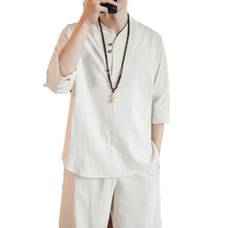 Chinese style two-piece summer short-sleeved suit for men loose cotton and linen Chinese style ancient style Hanfu Zen suit Zen Tang suit