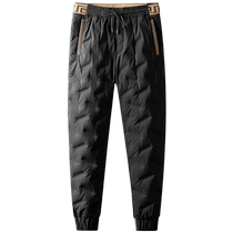 Light luxury pressed rubber fashionable down pants with contrasting color thread stitching white goose down slim fit thickened small feet casual down pants for men