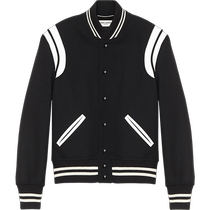 YSL Yves Saint Laurent mens TEDDY black wool stitching off-white leather baseball jacket