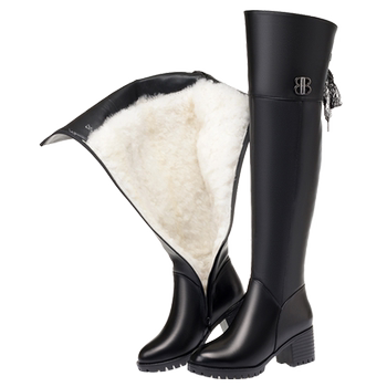 High boots, women's over-the-knee boots, women's high heels, thick heels, genuine leather boots, wool large cotton boots, women's winter boots plus velvet