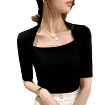 Black square-neck short-sleeved T-shirt for women 2024 early autumn new design niche Hepburn style tight-fitting clavicle-exposed top