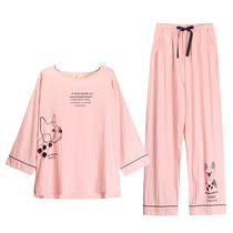 Woven cotton spring and summer thin pajamas for women spring and autumn autumn medium and long sleeve pure cotton three-quarter sleeve home clothes set