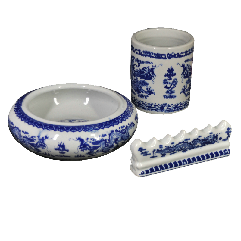 陶瓷笔筒复古中国风多功能毛笔笔筒景德镇青花瓷笔筒笔洗笔搁三件套