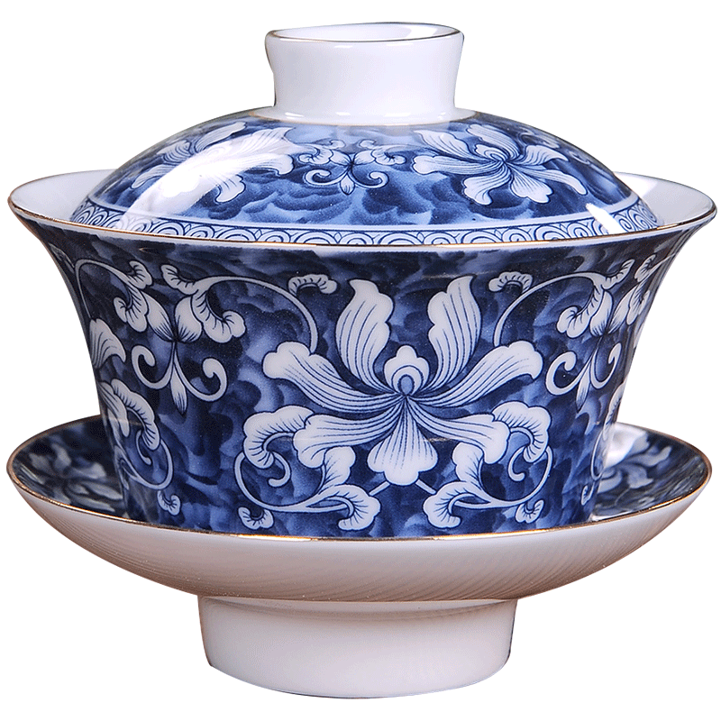 典世丹藍景德鎮描金青花瓷蓋碗三才碗釉下彩茶盅介碗茶具泡茶碗