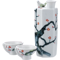Mino-yaki Japanese-style hand-painted red plum and bird singing wine set Japanese imported ceramic sake pot white wine glass set