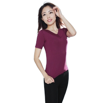 Red dance shoes mercerized cotton front V-back round neck short-sleeved T-shirt womens tops yoga practice square dance dancing body suit